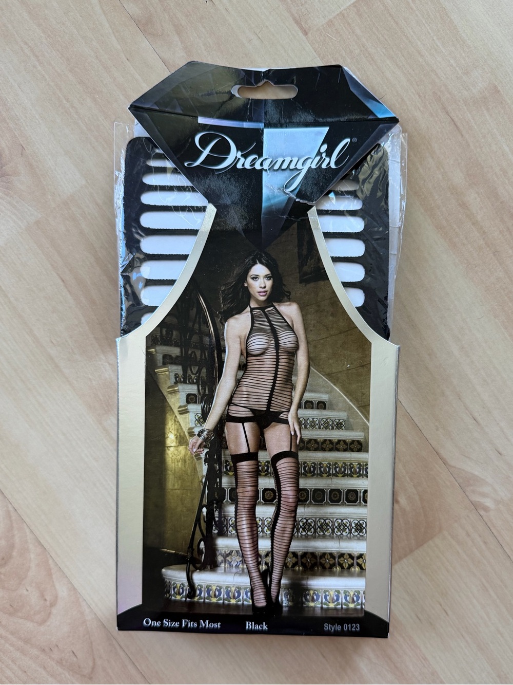 Dreamgirl Black Sheer Striped Fishnet Bodystocking with Garter Detail
